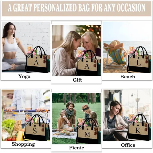 Vista 7 de YOOLIFE Bolsa de yute con inicial con bolsa de maquillaje, bolsa de playa con cremallera ajustable para el día de la madre, regalos de cumpleaños