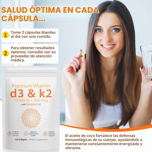 Vista 2 de Vitamina D3 K2 de 10000 UI – 240 cápsulas blandas de aceite de coco virgen, suplemento complejo de vitamina D y K 2 en 1, cápsulas blandas de apoyo