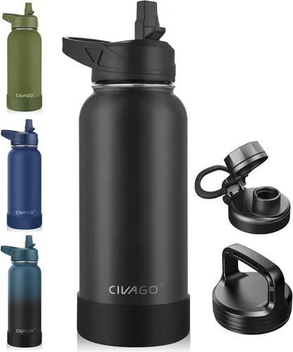 Vista 39 de CIVAGO Botella de agua aislada de 22 onzas con pajita, frasco de agua deportiva de acero inoxidable con 3 tapas