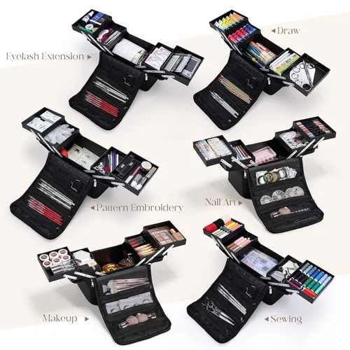 Vista 8 de Yueieoun Estuche de Maquillaje Grande para Tren, Organizador de Maquillaje, Caja de Maquillaje, Estuche Cosmético Suave de 4 Niveles para Maquillaje