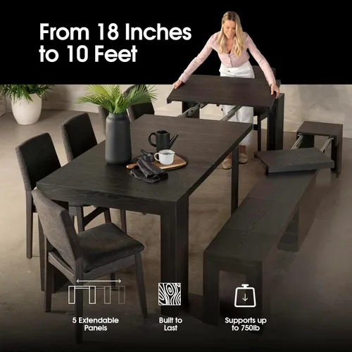 Vista 3 de Transformer Table - Mesa de comedor extensible de madera maciza, asientos 2-12, mesa de comedor expandible, muebles que ahorran espacio, muebles