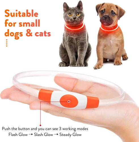 Vista 4 de Vizpet - Collares para perros pequeños, collar ajustable con luz LED, recargable por USB, collar de seguridad brillante para gatos y perros (naranja)