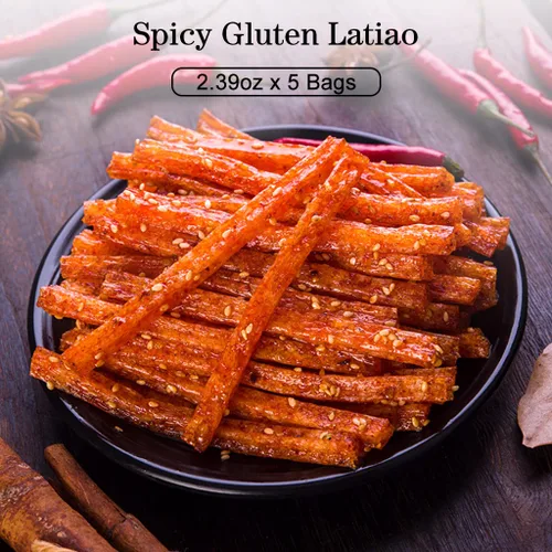 Vista 2 de JTEDZI Latiao - Tiras picantes, paquete de 5 bocadillos especiales chinos clásicos de Latiao, vegano, 2.39 onzas por paquete (paquete de 5)