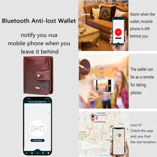 Vista 3 de Anti-perdida Bluetooth Carteras Tracker Billetera Posición Registro Vía Teléfono GPS Carteras Para Hombre Billeteras Bifold Cuero