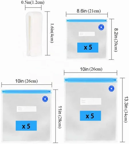 Vista 2 de Bolsas selladoras al vacío con cremallera, bolsas Sous Vide para alimentos, sin BPA, reutilizables, resellables, con válvula de aire, doble capa