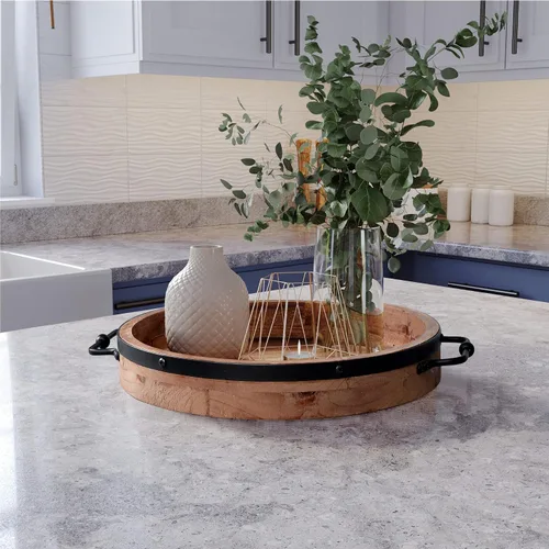 Vista 4 de Bandeja redonda para mesa auxiliar, bandeja de madera de granja de 13.2 pulgadas con asas de metal, bandejas decorativas redondas para mesa de café