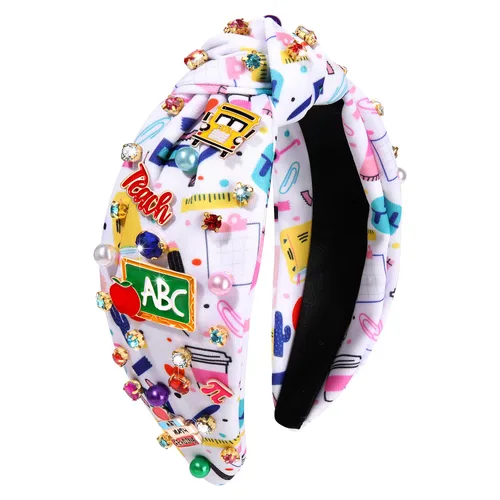 Vista 4 de boderier Diadema para profesores, libro de lápiz, diadema a cuadros, diadema de cristal con perlas anudadas para el regreso a la escuela, regalos