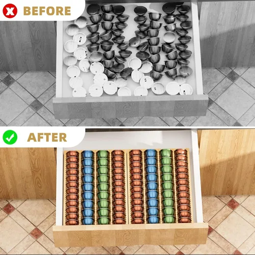 Vista 5 de MinBoo Soporte de Almacenamiento de Cápsulas de Café de Bambú Inserto de Cajón para Mostrador Compatible con Cápsulas Nespresso Vertuo Vertuoline