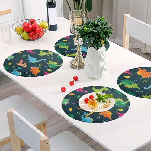 Vista 6 de Colorful Cartoon Dinosaurs Playful Teal Dinner Table Placemats, Non Slip Placemats Set Washable for Kitchen Table one sizex1
