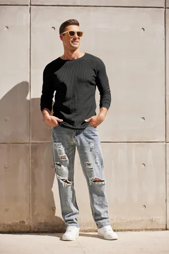 Vista 3 de COOFANDY Paquete de 2 camisas de punto gofre para hombre, camisetas de algodón de manga larga, estilo casual, cuello redondo