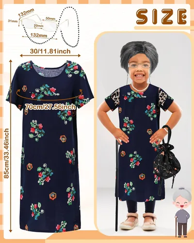 Vista 2 de Tisancy 1 Set Old Lady Costume Set 100th Day of School Costume Grandma Accessories Grandma Cosplay Set for Girls Dress Up