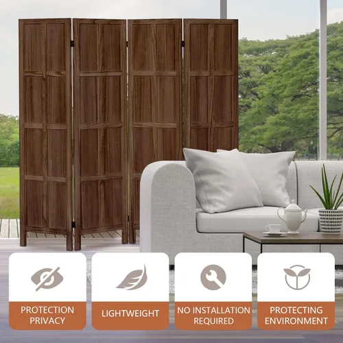 Vista 7 de Divisor de habitación de madera, pantalla de privacidad plegable de 4 paneles, partición clásica de madera para interiores de 5.6 pies, divisor