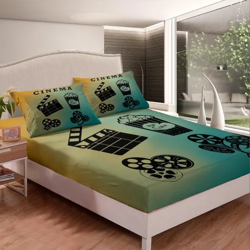 Vista 2 de Sábana bajera ajustable de cine tamaño individual, sábanas vintage para niños, niñas y adultos, juego de ropa de cama de palomitas de maíz