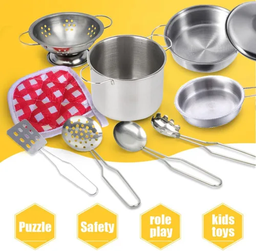 Vista 6 de Utensilios de cocina en miniatura, juguetes de cocina de juego de simulación, juego de cocina de acero inoxidable, juguetes de juego Montessori