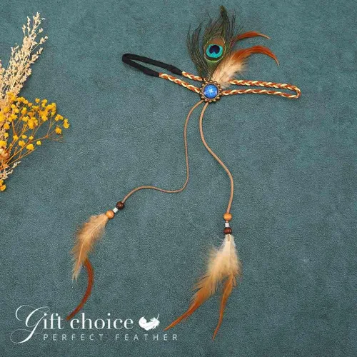 Vista 2 de GORTIN Diademas indias de plumas de pavo real diadema gitana hippie con diamantes de imitación diadema de plumas bohemias diadema para festivales