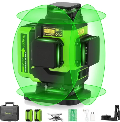 Vista 10 de Huepar Nivel láser 360 autonivelante, nivelador láser de línea cruzada verde recargable 3x360°, herramienta láser de nivel 3D para construcción