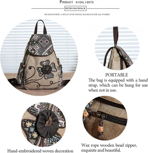 Vista 4 de HUANGGUOSHU Mochila para mujer Bolso pequeño convertible estilo bohemio con diseño tejido y hongo, para mujer hippie, Flor de cuatro hojas