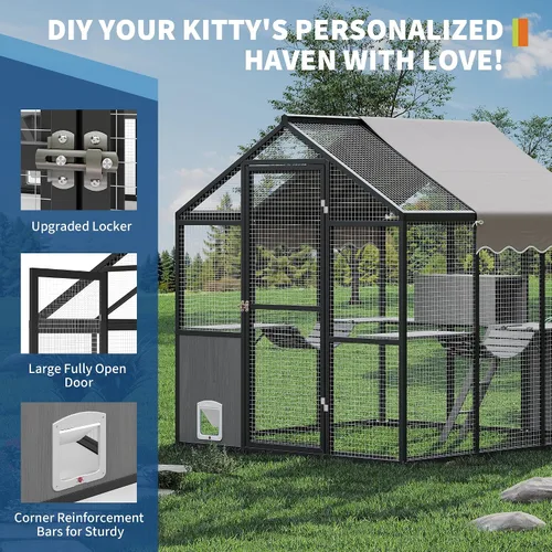 Vista 5 de Garvee Gran recinto para gatos al aire libre para múltiples gatos, resistente a la intemperie con cubierta UV, plataforma y puerta lateral