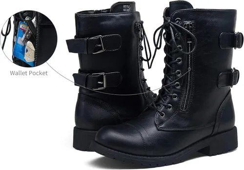 Vista 5 de Vepose Botas de combate militares de 28 a media pantorrilla para mujer con bolsillo tipo billetera para cuchillo de tarjetas