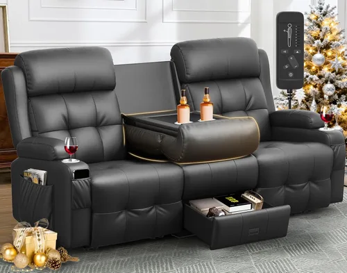 Vista 14 de Sofá reclinable, sofá reclinable con masaje de 3 plazas con gran capacidad de peso, sofá de dos plazas para RV con espacio libre con consola, USB