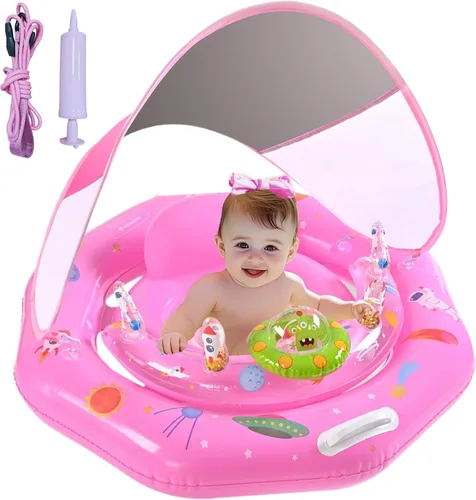 Vista 8 de Flotador de piscina para bebé con toldo y consola de juguetes, asiento seguro ajustable, parasol UPF50+ extraíble, flotador de piscina infantil