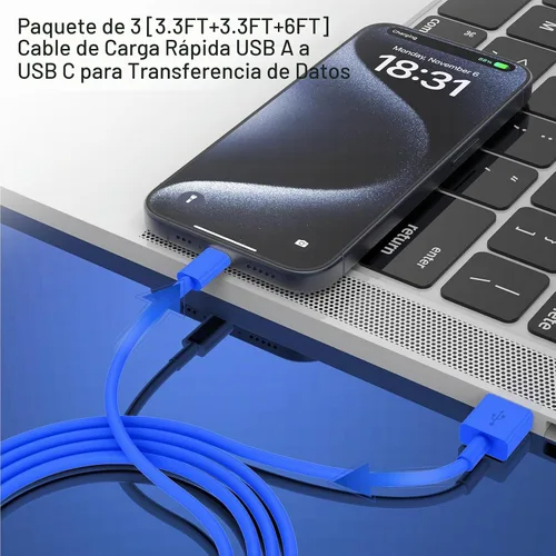 Vista 4 de LOFPYE Paquete de 3 cables USB A a USB C de color azul [3.3 pies+3.3 pies + 6 pies] USB A a USB C, cable Carplay para iPhone 16 15 Pro Plus Pro Max