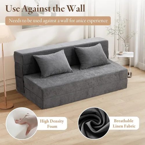Vista 6 de HOMFINE Sofá cama plegable - Silla cama convertible con cojín, sofá cama plegable, colchón de espuma viscoelástica para piso, sofá futón, sofá