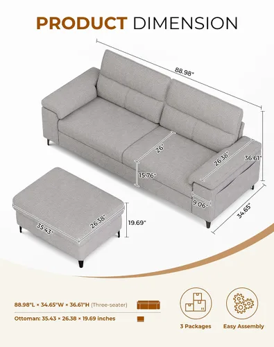 Vista 12 de Upvilla Sofás modernos de 88.97 pulgadas para sala de estar, sofá de asiento profundo con cojín de 8 pulgadas, cómodo sofá biplaza de felpilla de 2