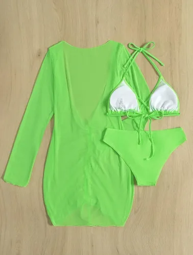 Vista 4 de SherryDC Traje de baño sexy de 3 piezas para mujer, conjunto de bikini triangular con cuello halter y manga larga, traje de baño con cordón