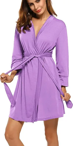 Vista 23 de HOTOUCH - Bata ligera de punto corta para mujer, bata de baño suave con bolsillos, ropa de dormir para damas