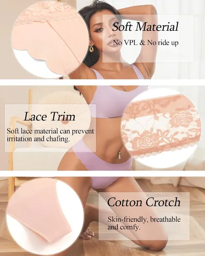 Vista 4 de FINETOO Paquete de 6 tangas sin costuras para mujer, con encaje, ondulados, tiro bajo, espalda en T, tanga, ropa interior sexy S-XL