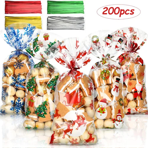 Vista 3 de Outus 200 bolsas de celofán para regalos de Navidad, bolsas de celofán de Navidad de plástico con lazos para dulces, galletas, golosinas, envoltorio