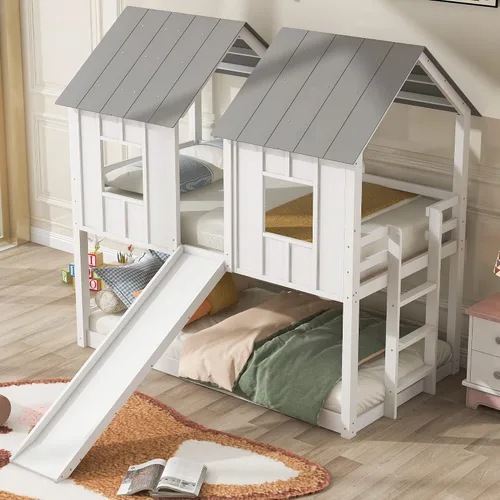 Vista 25 de Cama de Casa Tamaño Twin con Elegantes Ventanas y Estantería, Marco de Litera con Diseño de Castillo de Madera con Barandillas de Seguridad