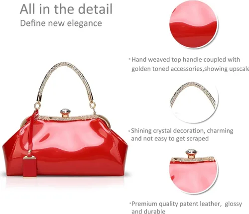 Vista 5 de YOUNXSL Bolso de mano de charol brillante para mujer, bolso de mano con asa superior, bolso de hombro de noche, bolso de boda, bolso retro