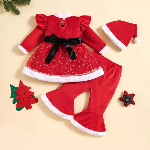 Vista 7 de Noubeau Trajes de Navidad para bebé niña con volantes, manga larga, túnica de Papá Noel, parte superior de terciopelo, pantalones acampanados