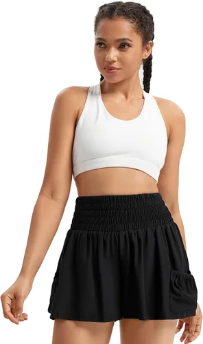 Vista 6 de Blaosn Pantalones cortos fluidos de cintura alta para mujer, gimnasio, yoga, atletismo, correr, tenis, faldas con bolsillos, ropa bonita de verano
