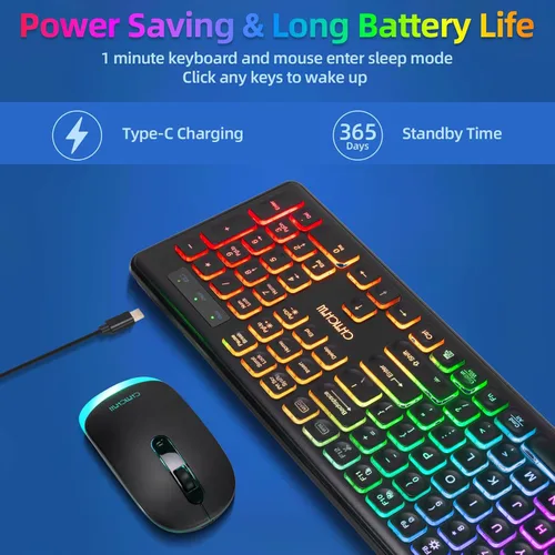 Vista 4 de Combo de teclado y mouse inalámbricos, teclado y mouse recargables con luz LED arcoíris de 2.4 GHz, mouse silencioso y teclado para Mac, Windows