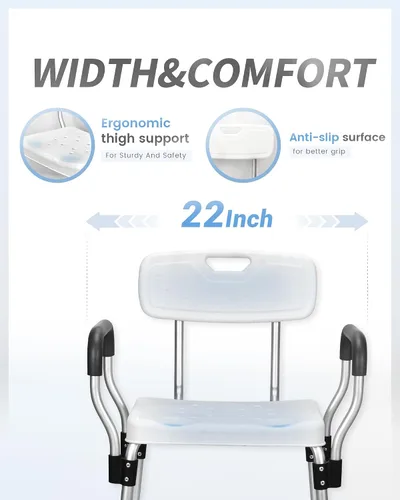 Vista 12 de Sangohe Silla de ducha, asiento de ducha resistente con respaldo, brazos, altura ajustable, ideal para bañera, discapacitados, ancianos, 796C