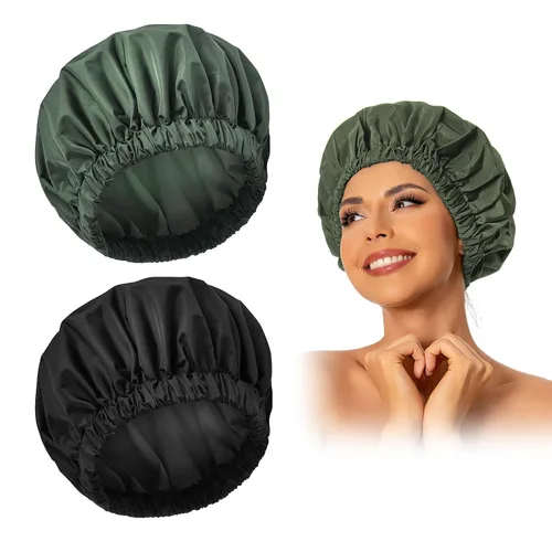 Vista 37 de Gorro de ducha reutilizable para mujer, grande, impermeable, lavable, banda elástica, accesorios de baño, sombrero para cabello largo, trenzas Beige