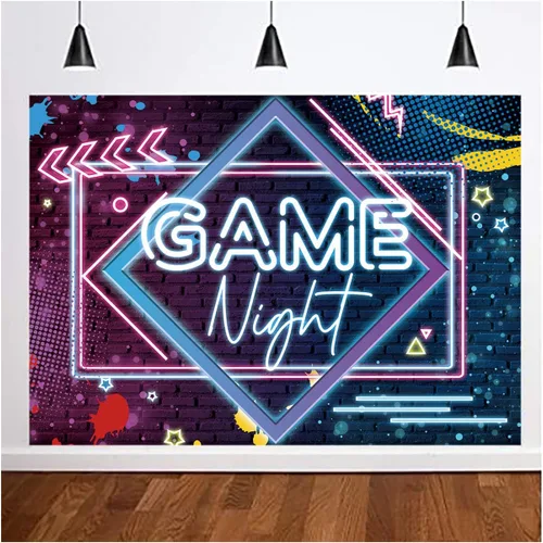 Vista 2 de Fondo de fotografía de lámpara de neón para noche de juegos, decoración de mesa de pastel, decoración de mesa, telón de fondo para fotos, 5 x 3 pies