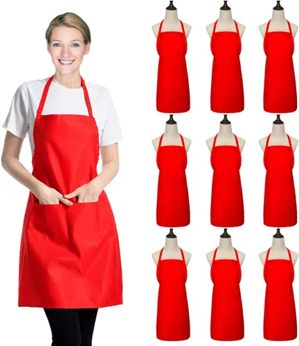 Vista 7 de Paquete de 9 delantales negros para mujeres, adultos, niñas y mujeres con bolsillos, delantales de cocina a granel para cocinar, pintar, barbacoa