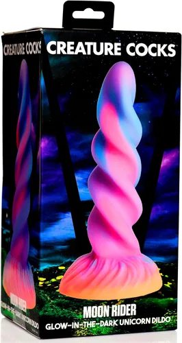 Vista 6 de CREATURE COCKS Consolador de silicona de unicornio que brilla en la oscuridad para hombres, mujeres y parejas. Firme y flexible, base de succión