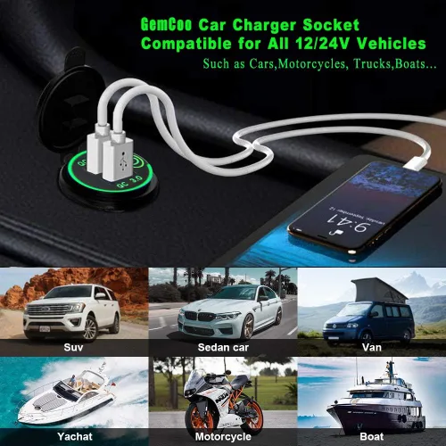 Vista 3 de GemCoo Enchufe de cargador USB de 12 V/24 V, 36 W QC 3.0 puertos USB duales, interruptor táctil, indicador LED, resistente al agua, verde