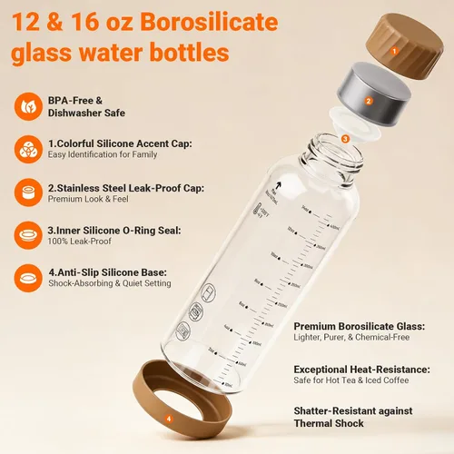Vista 3 de Botellas de jugo de vidrio de 12 onzas – Pack de 4 botellas de agua de vidrio con tapas de acero inoxidable – A prueba de fugas, sin BPA, vidrio