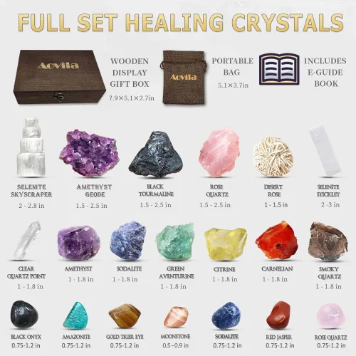 Vista 2 de Juego de cristales y piedras curativas de primera calidad en caja de madera, juego de cristales curativos para principiantes, piedras de chakra