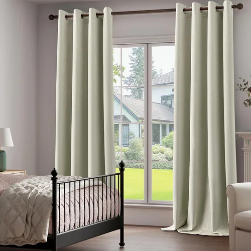 Vista 2 de Cortinas texturizadas de lino 100% opacas de 64 pulgadas de largo, juego de 2 paneles para granja, casa de campo, cortinas ligeras con ojales