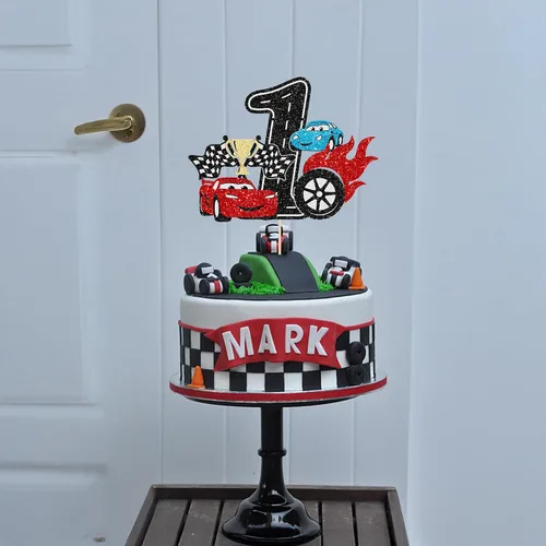 Vista 4 de Ephlyn 1 pieza de decoración para tarta de primer cumpleaños de coche de carreras con purpurina, decoración de tarta 1er cumpleaños para bandera a