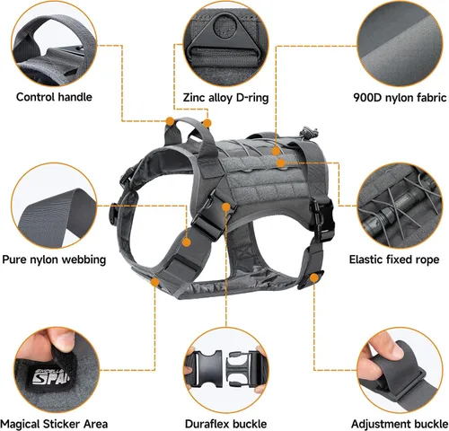 Vista 3 de EXCELLENT ELITE SPANKER Arnés táctico para perro, arnés militar para perro de trabajo, chaleco de entrenamiento ajustable Molle Patrol K9, arnés gris