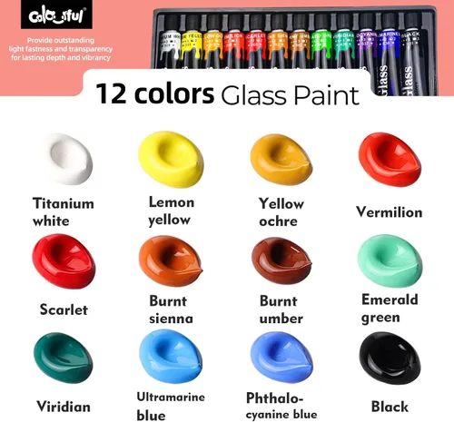 Vista 7 de Juego de Pintura Acrílica para Vidrio Colorida con 6 Pinceles, 1 Paleta, 12 Colores de Pinturas para Vidrio Manchado para Vino, Juego de Pintura