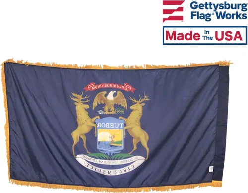 Vista 2 de Bandera de interior de Michigan de 3 x 5 pies con dobladillo de poste y flecos ornamentales dorados